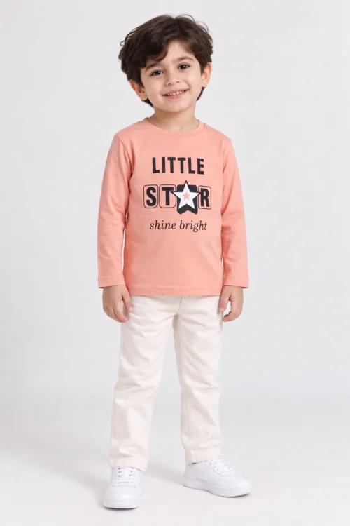 Boys Light Peach Long Sleeve Graphic T-Shirt