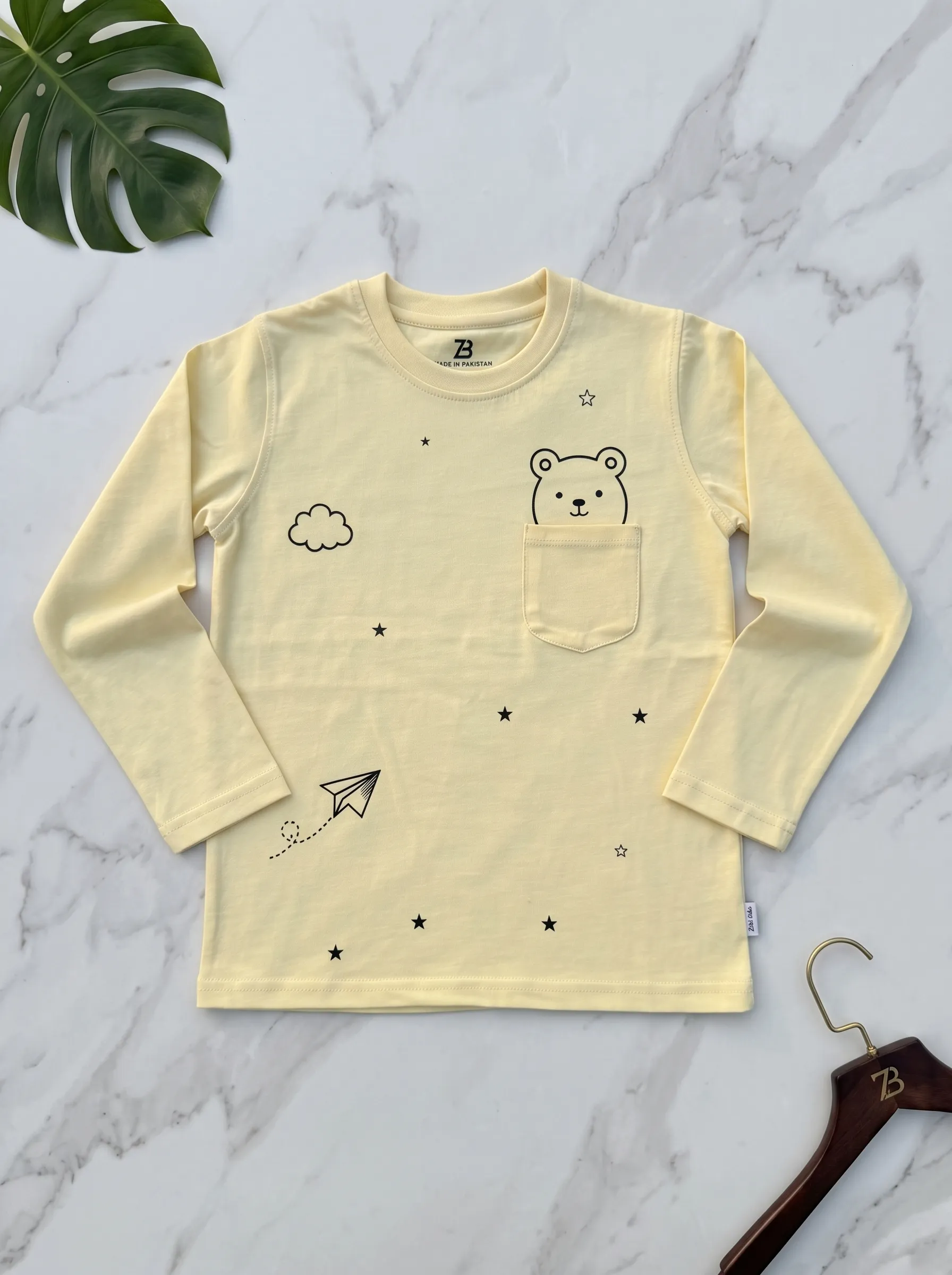 Boys Yellow Bear Pocket Long Sleeve Tee by ZibiKids — view 4