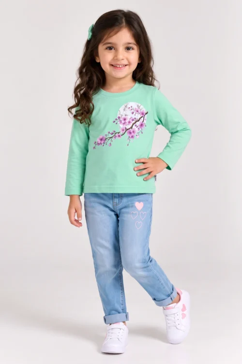 Girls Green Cherry Blossom Full Sleeve T-Shirt