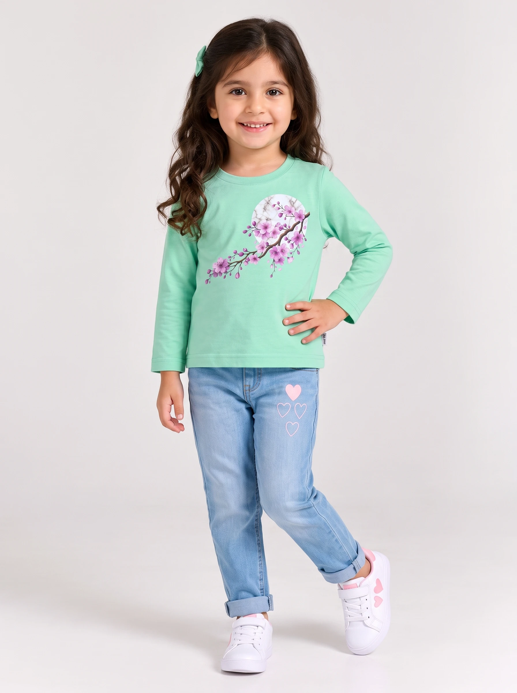 Girls Green Cherry Blossom Full Sleeve T-Shirt by ZibiKids — main view