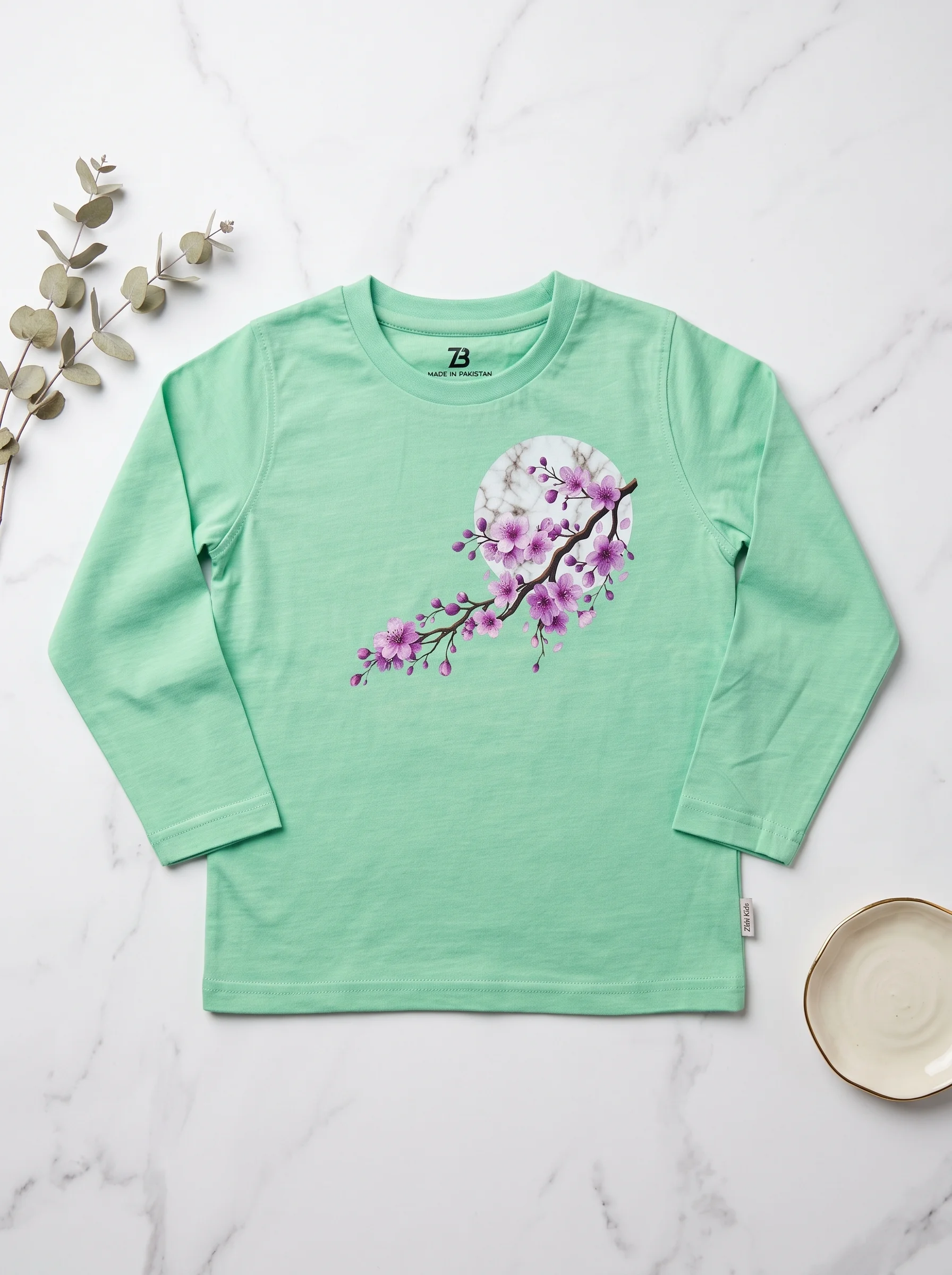 Girls Green Cherry Blossom Full Sleeve T-Shirt by ZibiKids — view 3