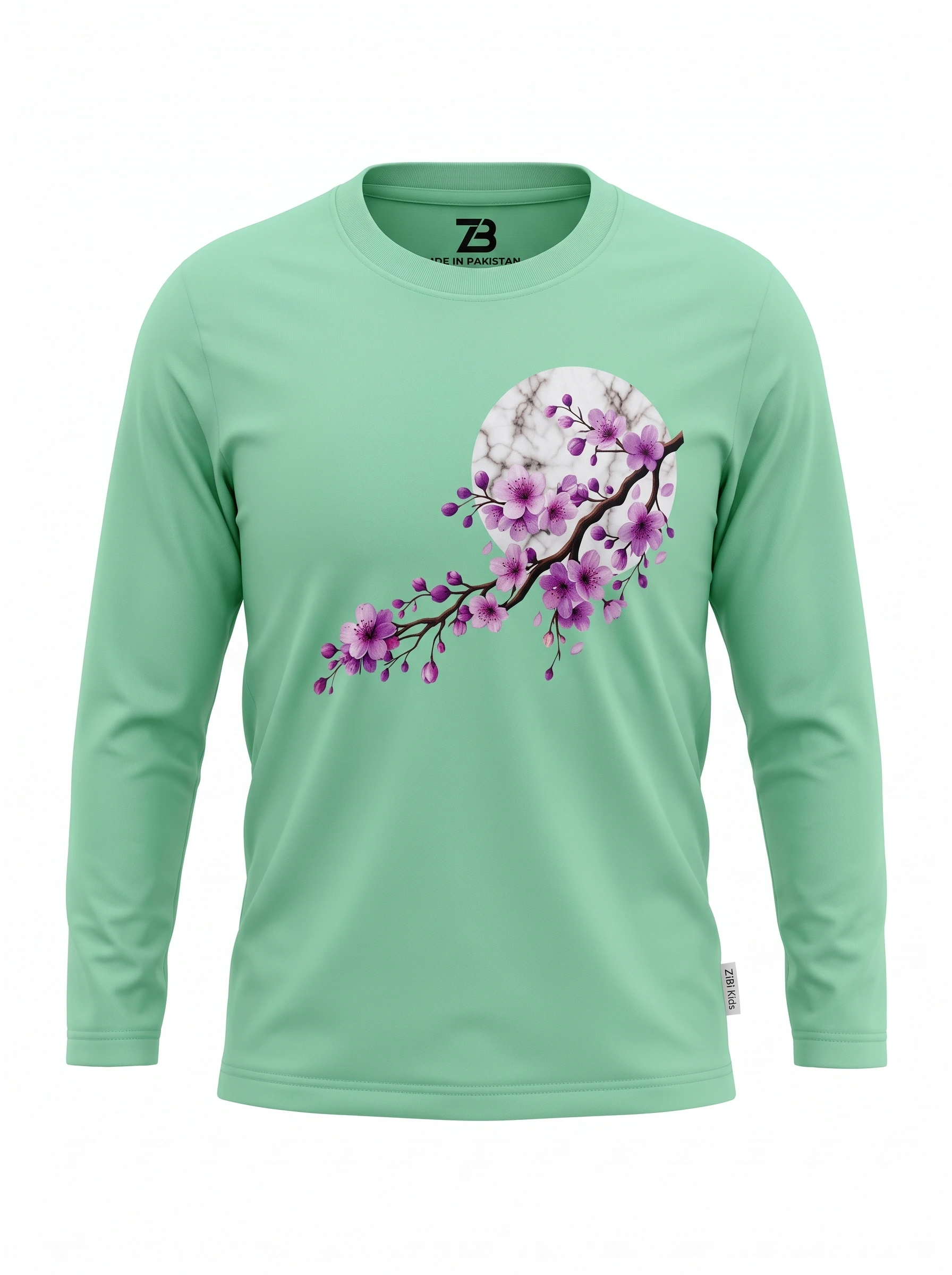 Girls Green Cherry Blossom Full Sleeve T-Shirt by ZibiKids — view 4